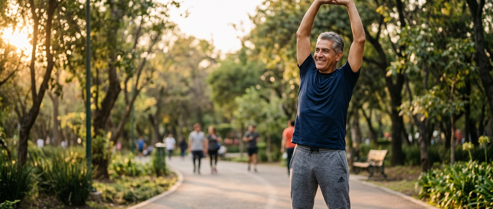 Hombre activo estirando en parque — bienestar natural y movilidad con Reulex