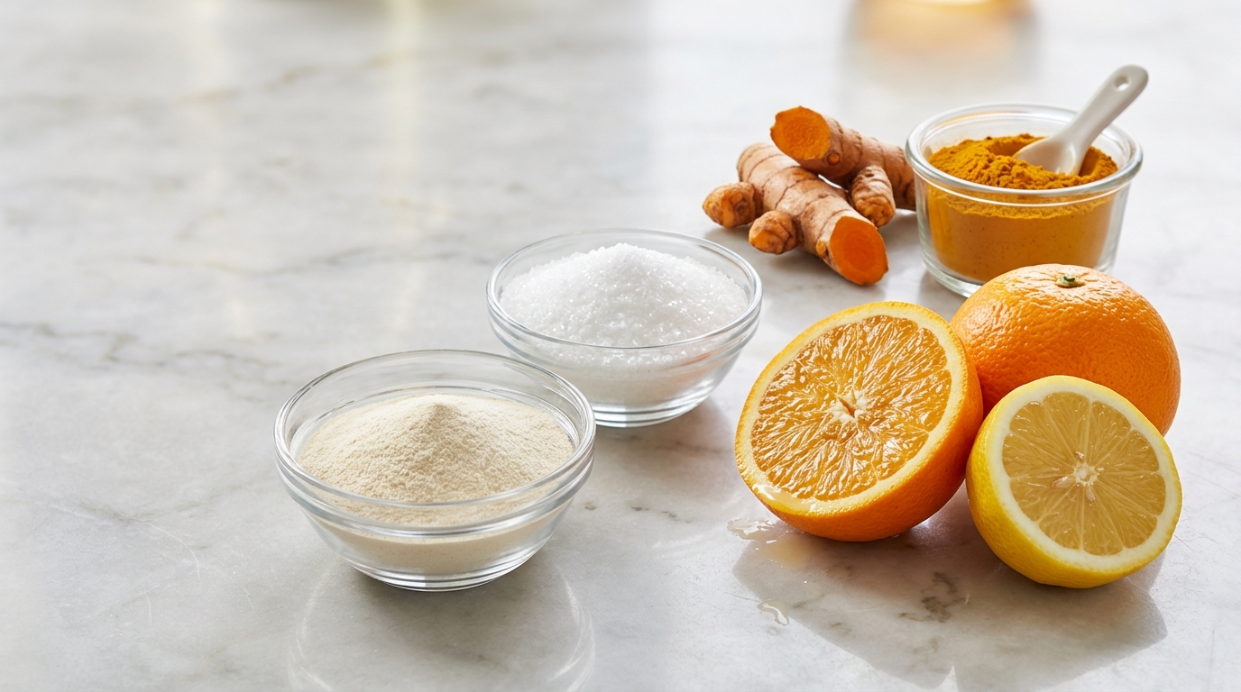 Ingredientes de Reulex: colágeno hidrolizado, MSM, vitamina C y cúrcuma para el bienestar de las articulaciones